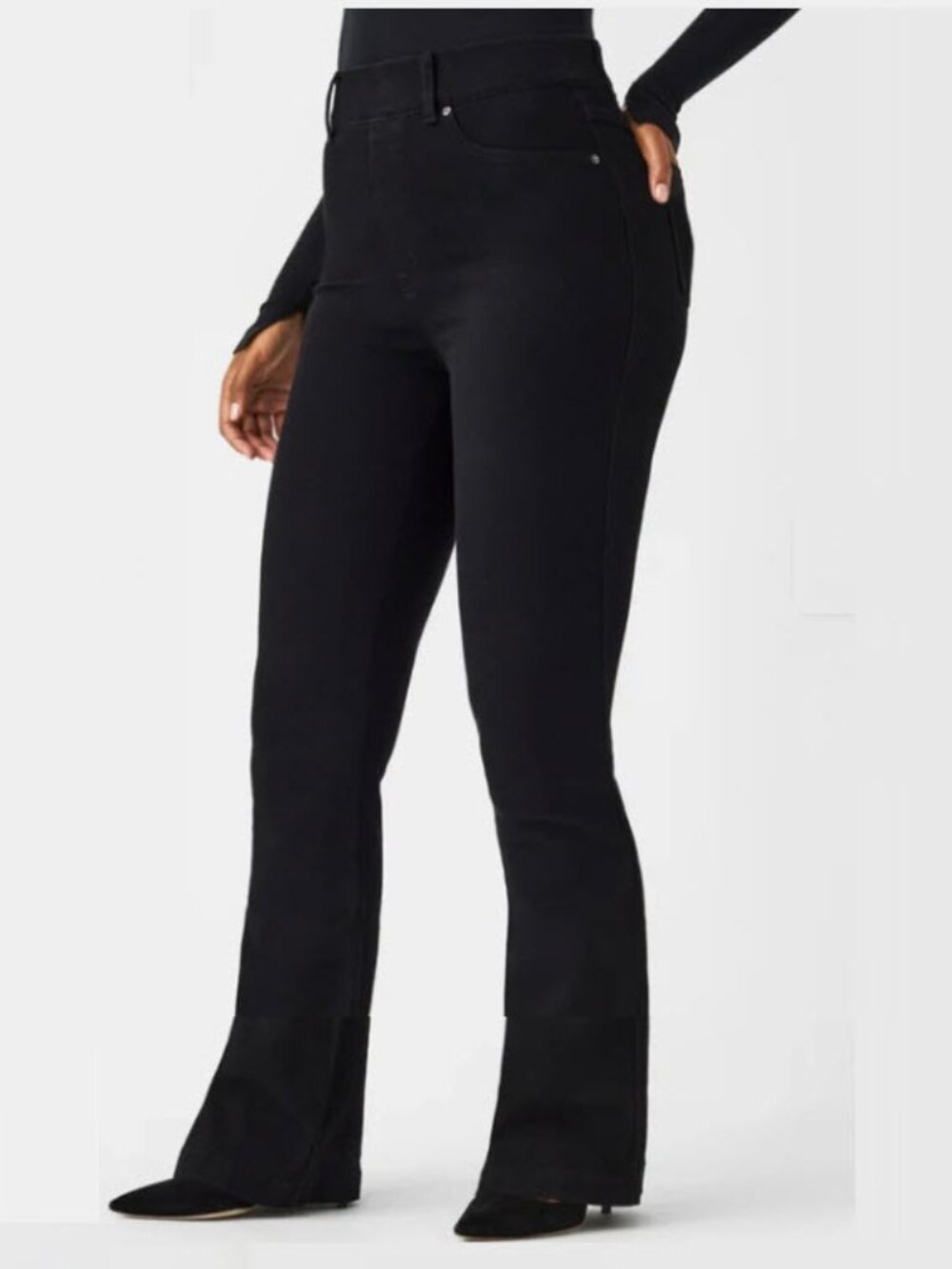 SPANX Black Flare Jeans XL High Rise Pull-On Wide Leg Stretch Denim